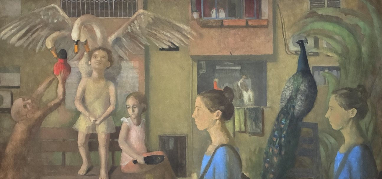 Flagellation: children, swans, a peacock and two women in blue on a city street